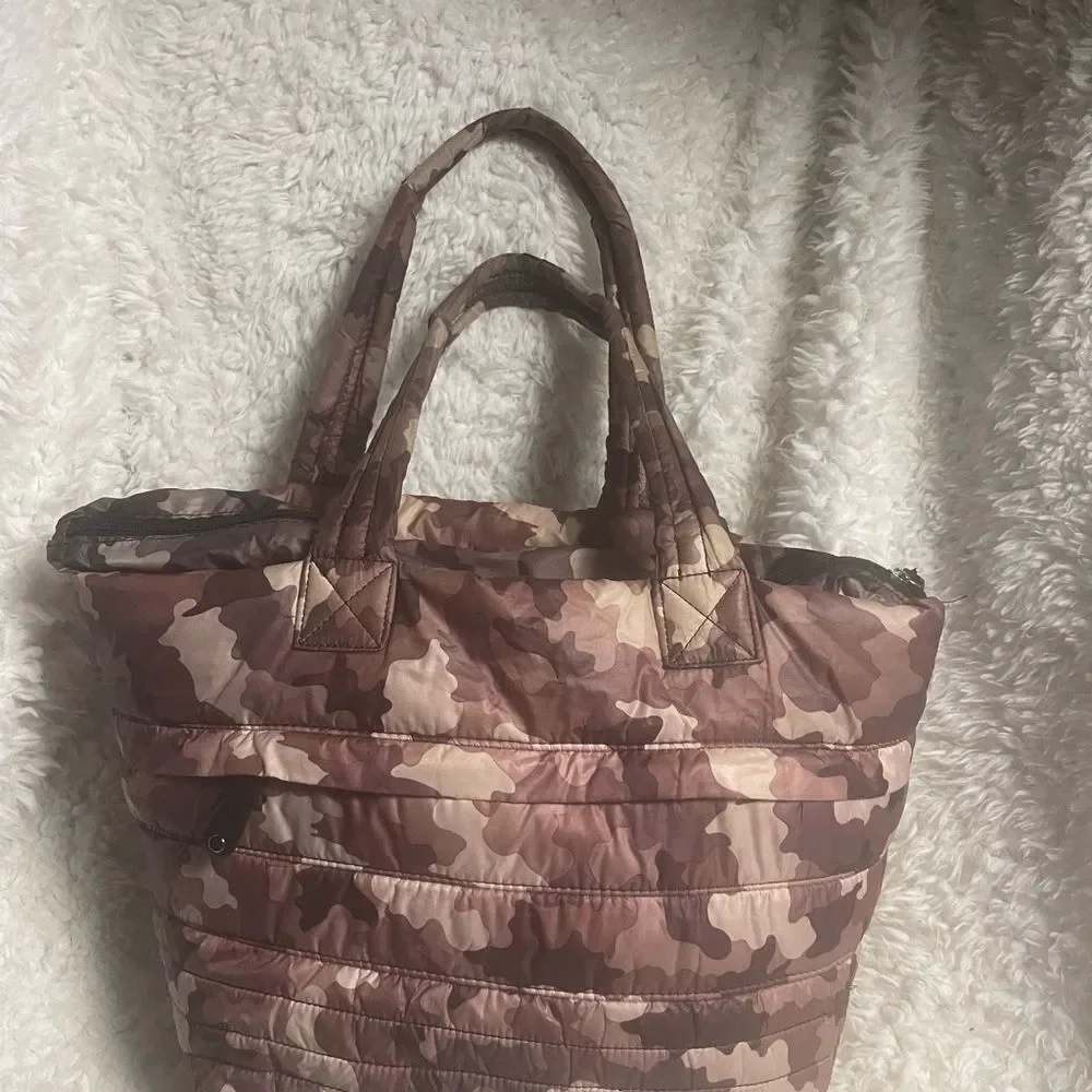 Sondra Roberts Squared quilted nylon burgundy & tan camouflage medium tote bag